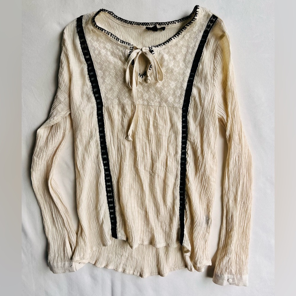 Cream Lace-Yoke Peasant Blouse with Black Trim